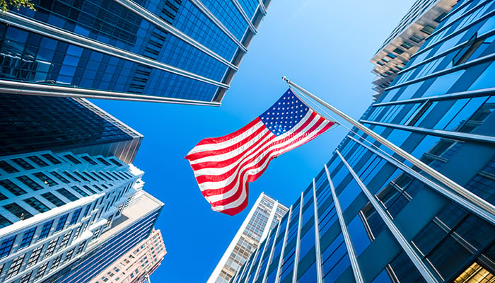 American flag and Modern buildings