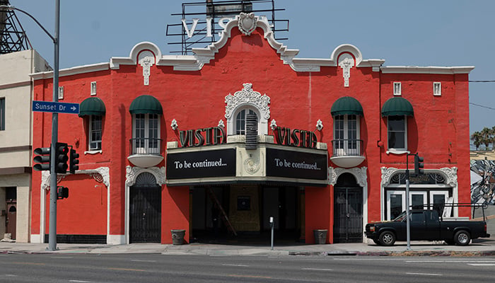 Los Angeles, CA USA - August 23, 2021: The historic Vista Theatre in LA still closed 18 months after the coronavirus lockdowns went into effect