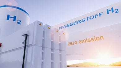 Hydrogen renewable energy production - hydrogen gas for clean electricity solar and windturbine facility. print says "Wasserstoff", thats the german word for "Hydrogen". 3d rendering.