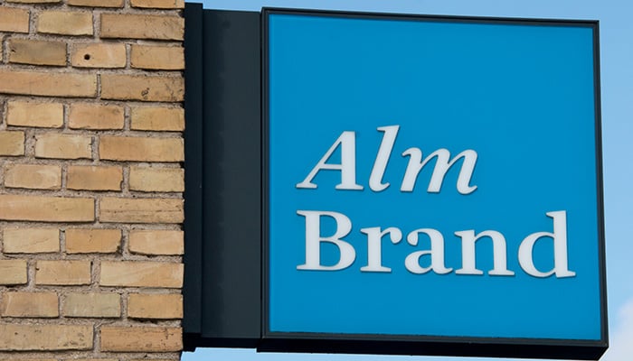Randers, Denmark - 02 March 2020: The logo of the Alm Brand building in Randers.