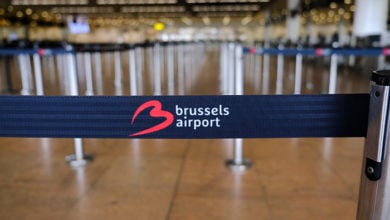 View of empty check-in desks at the Brussels Airport terminal due to pandemic of coronavirus and airlines suspended flights in Brussels, Belgium May 14, 2020.