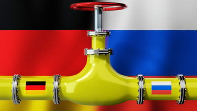 Gas pipeline, flags of Germany and Russia - 3D illustration