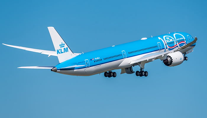 Schiphol, Noord-Holland/Netherlands - Jul 02-07-2019 - Commercial airplane from KLM Royal, BOEING 787-10- 100 years anniversary is leaving Schiphol airport. The plane is flying to the next destination