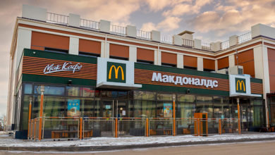 Krasnoyarsk, Russia - March 10, 2022: closed and empty restaurant McDonald's and McCafe
