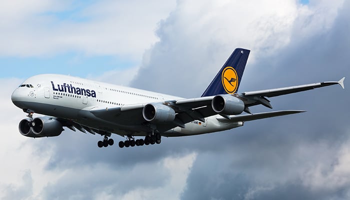 FRANKFURT,GERMANY-AUGUST 23:Airbus A380 LUFTHANSA approaching airport. Largest passenger aircraft. Lufthansa aircraft. Biggest passenger aircraft on August 23,2014 in Frankfurt,Germany.