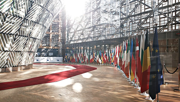 The Member States flags of the European Union in EU Council building in Brussels, Belgium on April 29, 2017