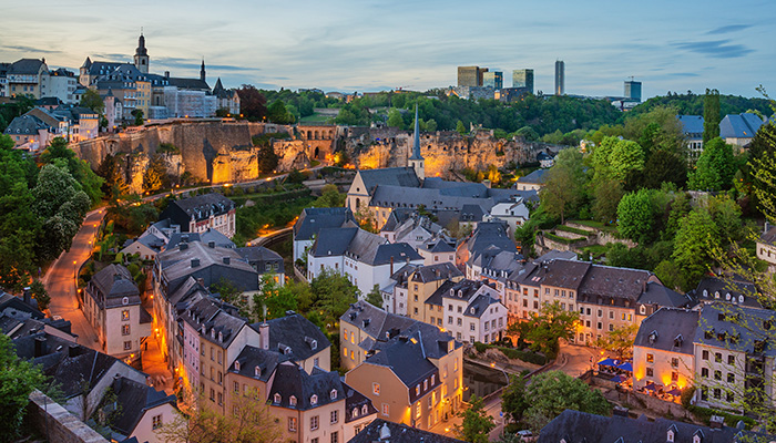Night view of Grund and St John's Church from Ville Haute, Luxembourg City and Kirchberg.