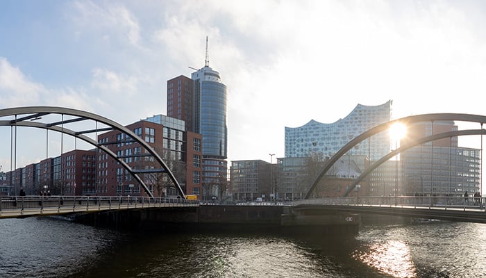Panorama of two bridges, warehouse district, office buildings and elbphilharmonie in Hamburg, Germany
