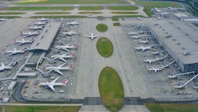 HEATHROW, ENGLAND -12 MAY 2017- View of airplanes from British Airways (BA) at the T5 Terminal 5 at London Heathrow Airport (LHR), the main airport in London.