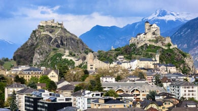 Historical Sion town with its two castles, Chateau de Tourbillon and Valere Basilica, spectacular set in the swiss Alps mountains, canton Valais, Switzerland