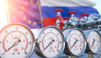 Gas pipeline with gauge with zero pression and EU European Union and Russia flags. Energy crisis and sactions concept. 3d illustration