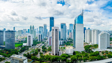 Aerial View of Jakarta Downtown Skyline with High-Rise Buildings With White Clouds and Blue Sky, Indonesia, Asia