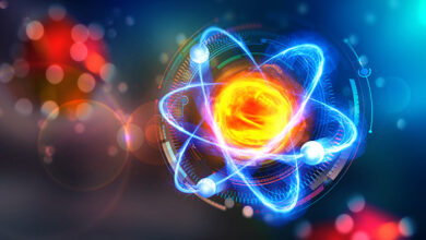 Scientific concept. Genious idea. Breakthrough research. 3D illustration of an atom on the background of HUD display
