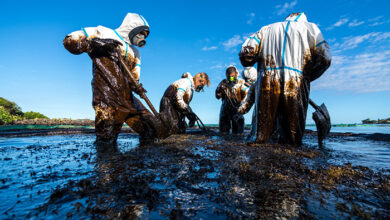 Volunteers clean the ocean coast from oil after a tanker wreck. Mauritius