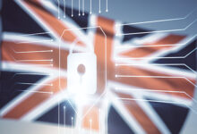 Virtual creative lock symbol and microcircuit illustration on flag of Great Britain and sunset sky background. Protection and firewall concept. Multiexposure