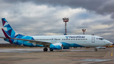 Moscow Region, Russia - 11.09.2021. Domodedovo International Airport. Passenger plane Boeing 737 (Boeing 737-800) of Nordstar Airlines taxis to the airport runway. Side view.