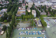 Biel Bienne, Switzerland. 16 July 2021. The lake of Bienne hit record high. The city of Bienne record a dramatic flooding. The navigation is forbidden for more than one month