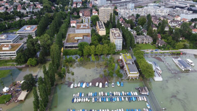 Biel Bienne, Switzerland. 16 July 2021. The lake of Bienne hit record high. The city of Bienne record a dramatic flooding. The navigation is forbidden for more than one month