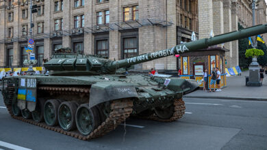 KYIV, UKRAINE - AUGUST 23, 2022: Battle tank T-72B3M at exhibition of captured and destruction of russian equipment on Khreshchatyk in Kyiv.
