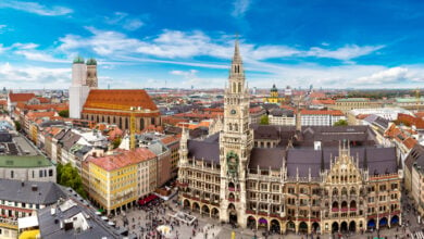 Aerial view of Marienplatz town hall and Frauenkirche in Munich, Germany