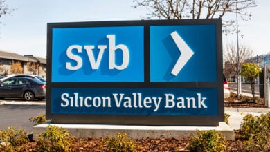 Silicon Valley Bank logo at its headquarters and branch, Santa Clara, California, USA