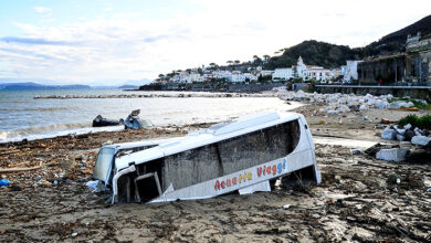 Bus destroyed on the beach after the violent flood that hit the town of Casamicciola on the island of Ischia, Italy, November 2022