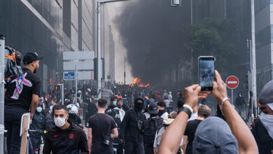 Nanterre, France - June 29 2023: Tribute to Nahel Merzouk, crowd of people during riots at nelson mandela square Nanterre, France