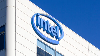 Santa Clara, CA, USA - Feb 26, 2020: The Intel logo is seen at Intel Corporation's headquarters in Santa Clara, California, United States.