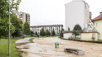 Velenje Slovenia - August 04 2023: Severe flooding and water damage to city areas and streets in Slovenia due to heavy rain and severe weather conditions