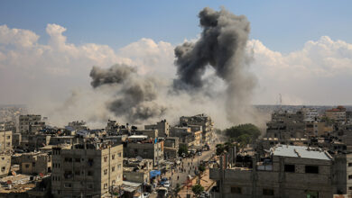 Smoke rises after Israeli air strikes of the city of Rafah in the southern Gaza Strip, 10 October 2023