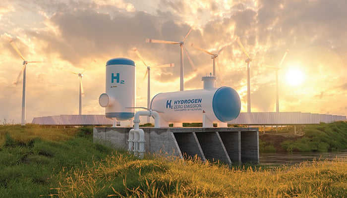 Hydrogen Gas tank renewable energy production - hydrogen gas pipeline for clean electricity solar and windturbine facility. Probably a rendered (fake) image