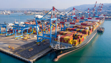 Haifa Commercial Port with Container Ships and transtainer yard, Israel