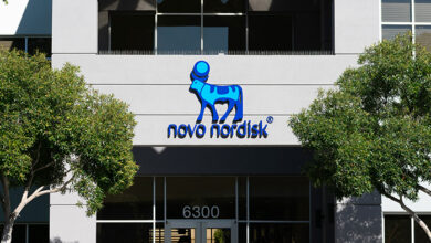 Novo Nordisk logo sign on Silicon Valley headquarters of a Danish multinational pharmaceutical company - Newark, California, USA