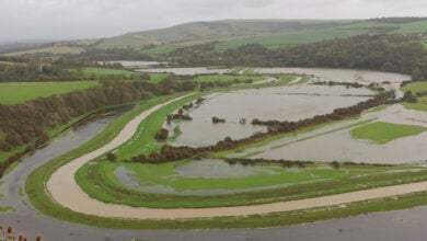 Storm Ciaran floods over the river Cuckmere East Sussex England UK taken from Seaford 2nd November 2023