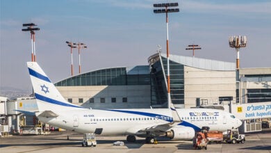 The aircraft of the Israeli airline El Al Boeing 737-800 on the airfield of the airport named after Ben Gurion, Israel