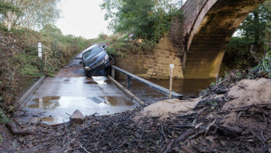A car stuck in a ford crossing at Duck Bridge - and eventually was completely submerged and almost floated away. Danby, England October 22nd 2023. Storm Babet