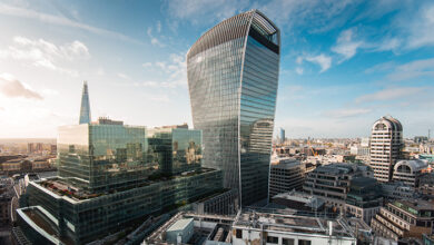 View of the iconic Walkie Talkie building in the City of London