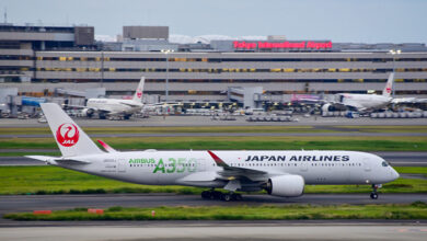 Japan Airlines Airbus A350 aircraft taxiing at Haneda Airport