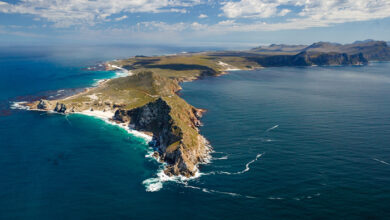 An aerial view of Cape Point and the Cape of Good Hope. Cape Town. Western Cape. South Africa