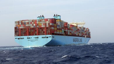 Container ship Maastricht Maersk heads north up the Red sea toward the Suez Canal.