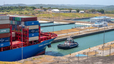 Container ship at the Agua Clara Locks on the Panama canal. 2 April 2023