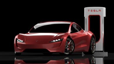Szczecin, Poland - August 2020: Tesla Roadster with Charger in studio
