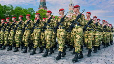 Victory Parade on Red Square in Moscow. The Russian army in red berets and green uniforms: Moscow, Russia, 09 may 2019