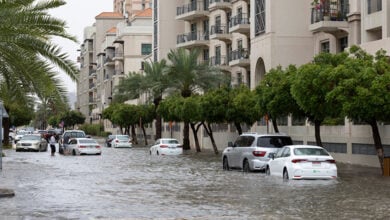Dubai, United Arab Emirates, 16th April 2024: flooded streets of a residential community in Dubai during a heavy downpour