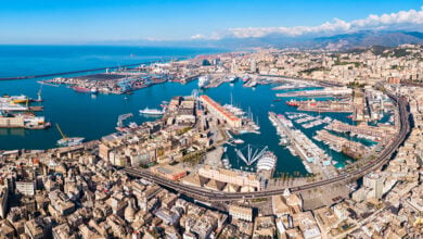 Genoa port aerial panoramic view