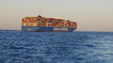 The container ship Cosco Himalayas sails south on Red Sea towards Khalifa Port, Abu Dhabi after leaving Port Said, Egypt. June 2023.