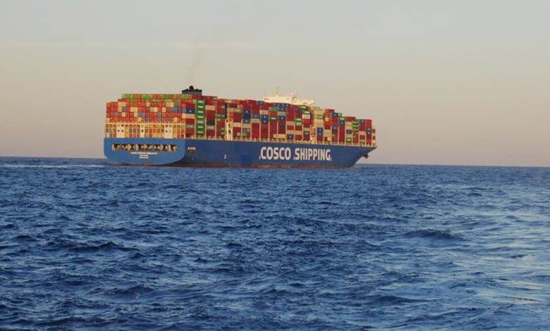 The container ship Cosco Himalayas sails south on Red Sea towards Khalifa Port, Abu Dhabi after leaving Port Said, Egypt. June 2023.