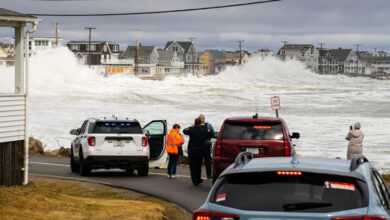 Wells, Maine, USA: March 10, 2024: Storm waves cause massive flooding to roads and structures.